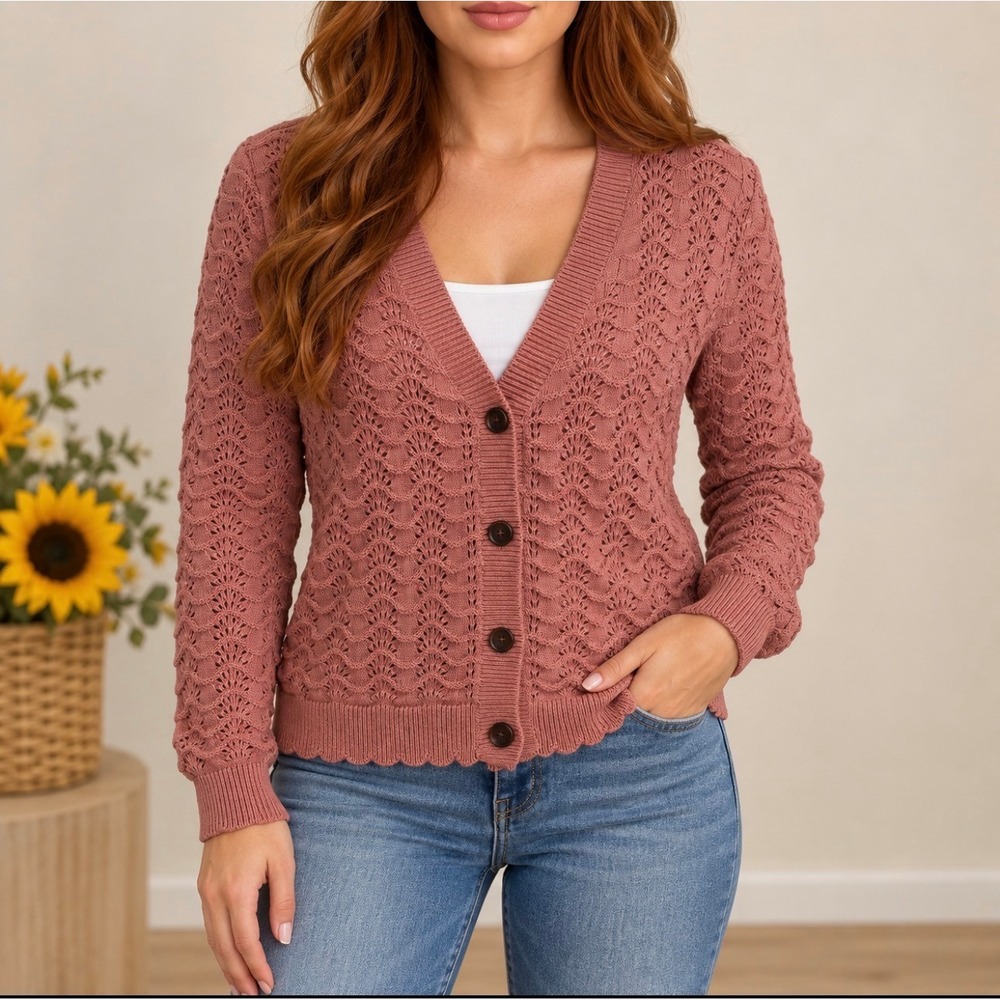 Loft Cardigan S Pink Good Pointelle Knit Scalloped Hem V-Neck Button Front